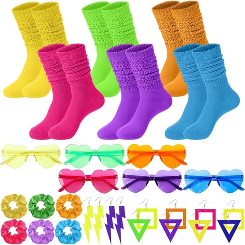 24 Pcs 80s Fancy Dress Costume Accessories for Women Slouch Socks Hair Scrunchies Earrings Heart Glasses for Party in Saudi Arabia