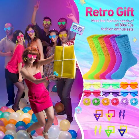 24 Pcs 80s Fancy Dress Costume Accessories for Women Slouch Socks Hair Scrunchies Earrings Heart Glasses for Party in Saudi Arabia