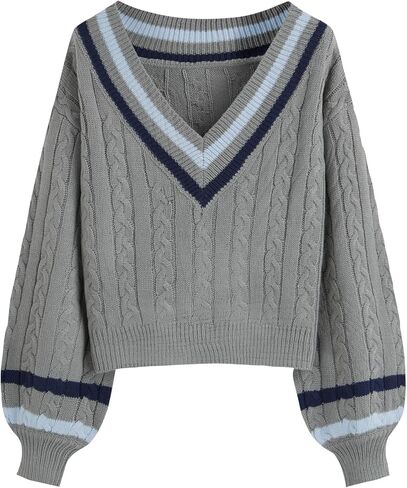 CIDER Cable Knit Sweater Women V Neck Long Sleeve Pullover Striped Trim Regular Fit Knit Top Fall Sweaters in Saudi Arabia