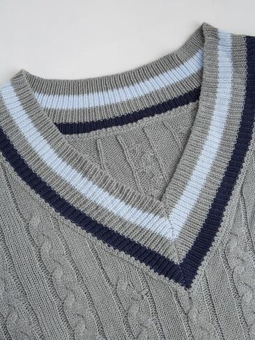 CIDER Cable Knit Sweater Women V Neck Long Sleeve Pullover Striped Trim Regular Fit Knit Top Fall Sweaters in Saudi Arabia