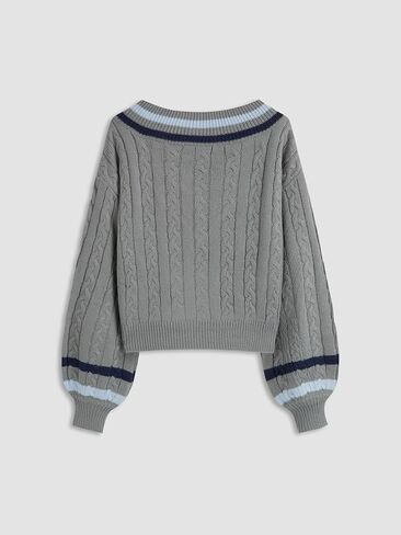 CIDER Cable Knit Sweater Women V Neck Long Sleeve Pullover Striped Trim Regular Fit Knit Top Fall Sweaters in Saudi Arabia