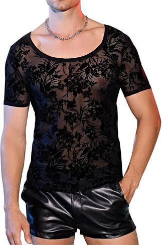 WDIRARA Men's Floral Contrast Lace Short Sleeve Scoop Neck See Through Shirt in Saudi Arabia