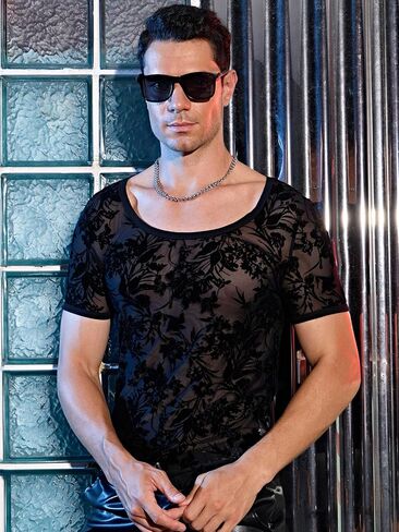 WDIRARA Men's Floral Contrast Lace Short Sleeve Scoop Neck See Through Shirt in Saudi Arabia