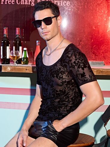 WDIRARA Men's Floral Contrast Lace Short Sleeve Scoop Neck See Through Shirt in Saudi Arabia