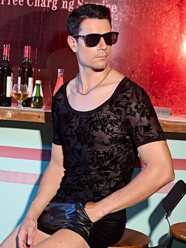 WDIRARA Men's Floral Contrast Lace Short Sleeve Scoop Neck See Through Shirt in Saudi Arabia
