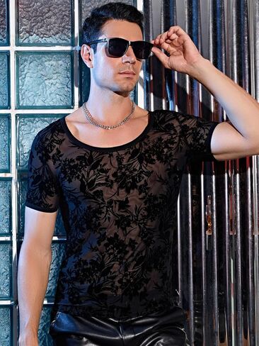 WDIRARA Men's Floral Contrast Lace Short Sleeve Scoop Neck See Through Shirt in Saudi Arabia