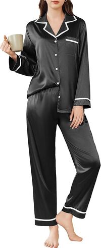 Ekouaer بيجامة من الساتان للنساء مجموعة 2 قطعة طويلة الأكمام زر حتى ملابس النوم حريري PJ السراويل مجموعات لينة مريح المتسكعون in Kuwait