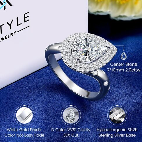 Kstyle 2ct الكمثرى / البيضاوي / جولة مويسانيتي سوليتير / هالة خواتم الخطبة للنساء 14K الذهب الأبيض 925 الفضة الاسترليني مختبر الماس خاتم الزفاف الذكرى السنوية وعد هدية in Kuwait