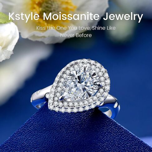 Kstyle 2ct الكمثرى / البيضاوي / جولة مويسانيتي سوليتير / هالة خواتم الخطبة للنساء 14K الذهب الأبيض 925 الفضة الاسترليني مختبر الماس خاتم الزفاف الذكرى السنوية وعد هدية in Kuwait
