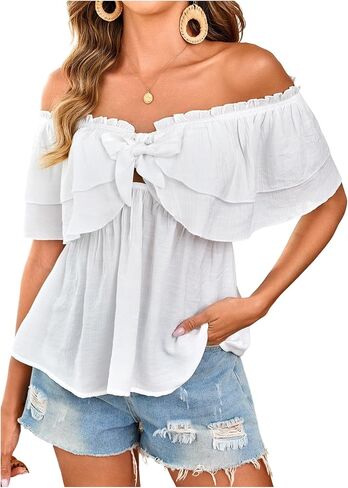 بلوزة SweatyRocks النسائية بدون أكتاف Peplum بأكمام قصيرة وربطة أمامية مكشكشة in Saudi Arabia