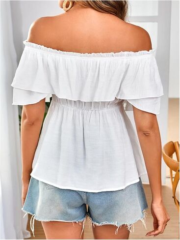 بلوزة SweatyRocks النسائية بدون أكتاف Peplum بأكمام قصيرة وربطة أمامية مكشكشة in Saudi Arabia