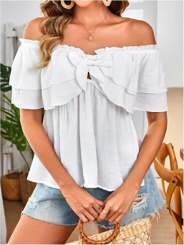 بلوزة SweatyRocks النسائية بدون أكتاف Peplum بأكمام قصيرة وربطة أمامية مكشكشة in Saudi Arabia