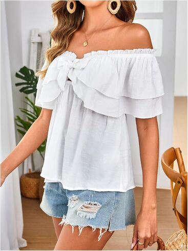 بلوزة SweatyRocks النسائية بدون أكتاف Peplum بأكمام قصيرة وربطة أمامية مكشكشة in Saudi Arabia