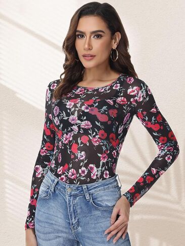 Womens Mesh Tops Lace Long Sleeve Shirts Crew Neck Sexy Fitted See Through Patry Blouse in Saudi Arabia