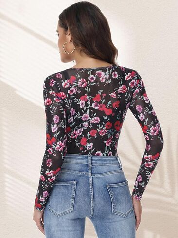 Womens Mesh Tops Lace Long Sleeve Shirts Crew Neck Sexy Fitted See Through Patry Blouse in Saudi Arabia