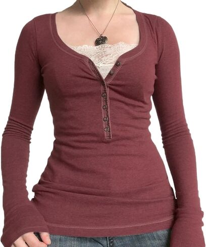 Women Fairy Grunge Shirts Y2K Fall Tops Long Sleeve Lace Trim Tee Teen Girls Vintage Slim Blouse Aesthetic Clothes in Kuwait