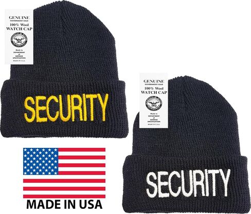 Security Wool Watch Cap Beanie, Security Officer Guard Large Embroidery | Warm Uniform Duty Cold Weather Hat - USA Made in Saudi Arabia