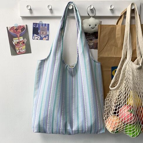 Shoulder Bag for Women Striped Canvas Tote Bag Large Capacity Handbag, Lightweight Travel Bag with Inner Pockets in Saudi Arabia