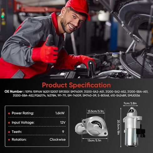 10914 Starter Motor Replacement for Honda Compatible with Accord L4 2.4L 2013-2017, CR-V L4 2.4L 2015-2016, Civic L4 2.0L 2016-2019, OE SM740-09 SM74009 31200-5A2-A51 31200-5A2-A52 191-711 S-80548 in Saudi Arabia