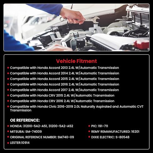 10914 Starter Motor Replacement for Honda Compatible with Accord L4 2.4L 2013-2017, CR-V L4 2.4L 2015-2016, Civic L4 2.0L 2016-2019, OE SM740-09 SM74009 31200-5A2-A51 31200-5A2-A52 191-711 S-80548 in Saudi Arabia