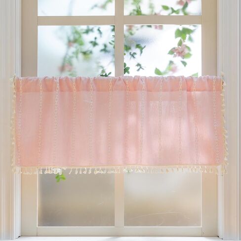 Pink Farmhouse Boho Curtains - 1 Panel Bohemian Short Cafe Window Curtains with Tassels, Semi Blackout Striped Tier and Valance for Kitchen Bathroom, Rod Pocket, Pink, 52" W x 18" L in Saudi Arabia