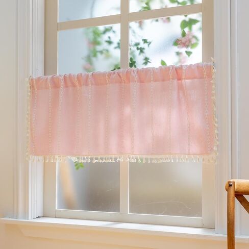 Pink Farmhouse Boho Curtains - 1 Panel Bohemian Short Cafe Window Curtains with Tassels, Semi Blackout Striped Tier and Valance for Kitchen Bathroom, Rod Pocket, Pink, 52" W x 18" L in Saudi Arabia