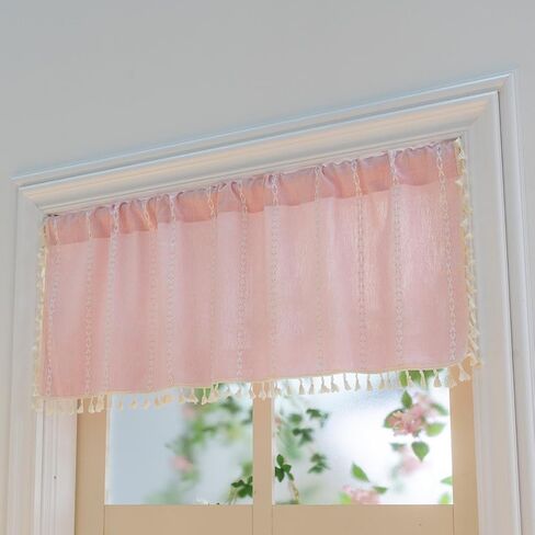 Pink Farmhouse Boho Curtains - 1 Panel Bohemian Short Cafe Window Curtains with Tassels, Semi Blackout Striped Tier and Valance for Kitchen Bathroom, Rod Pocket, Pink, 52" W x 18" L in Saudi Arabia