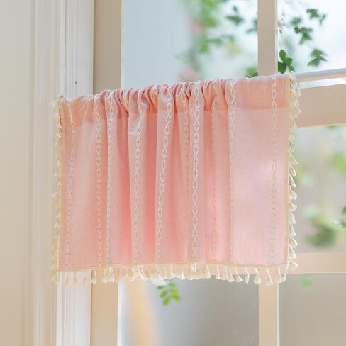 Pink Farmhouse Boho Curtains - 1 Panel Bohemian Short Cafe Window Curtains with Tassels, Semi Blackout Striped Tier and Valance for Kitchen Bathroom, Rod Pocket, Pink, 52" W x 18" L in Saudi Arabia