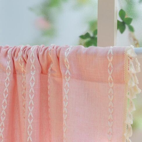 Pink Farmhouse Boho Curtains - 1 Panel Bohemian Short Cafe Window Curtains with Tassels, Semi Blackout Striped Tier and Valance for Kitchen Bathroom, Rod Pocket, Pink, 52" W x 18" L in Saudi Arabia