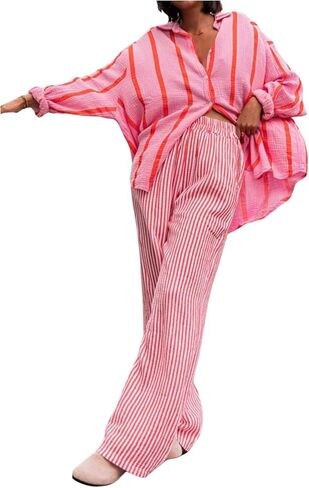 سراويل Verdusa النسائية من الكتان سراويل مخططة ملابس الشارع للإجازات سراويل فضفاضة بأرجل مستقيمة in Kuwait