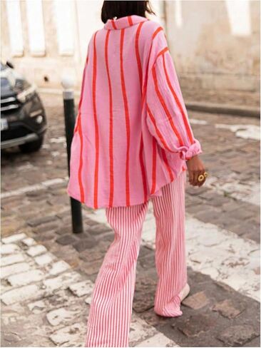 سراويل Verdusa النسائية من الكتان سراويل مخططة ملابس الشارع للإجازات سراويل فضفاضة بأرجل مستقيمة in Kuwait