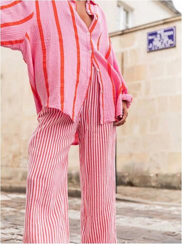 سراويل Verdusa النسائية من الكتان سراويل مخططة ملابس الشارع للإجازات سراويل فضفاضة بأرجل مستقيمة in Kuwait