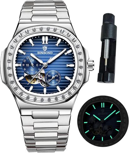 Silver Automatic Watches for Men Stainless Steel Skeleton Tourbillon Mechanical Self Winding Business Dress Diamond Men's Wrist Watch Waterproof Luminous in Saudi Arabia