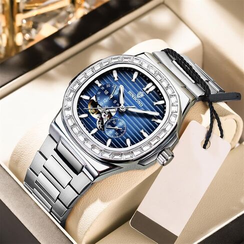 Silver Automatic Watches for Men Stainless Steel Skeleton Tourbillon Mechanical Self Winding Business Dress Diamond Men's Wrist Watch Waterproof Luminous in Saudi Arabia