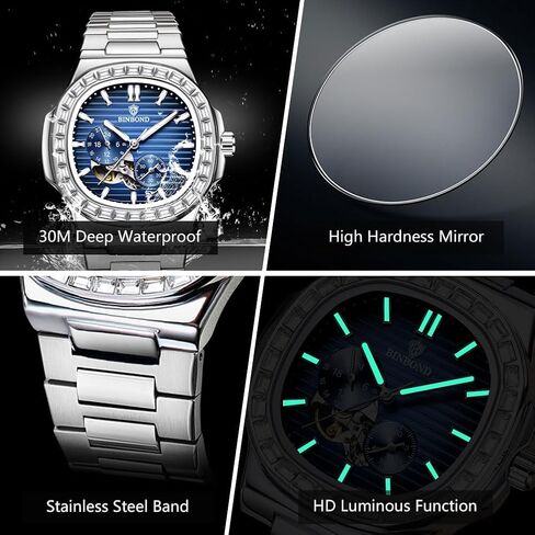 Silver Automatic Watches for Men Stainless Steel Skeleton Tourbillon Mechanical Self Winding Business Dress Diamond Men's Wrist Watch Waterproof Luminous in Saudi Arabia