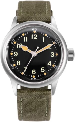 PRAESIDUS | 𝗔-𝟭𝟭 𝗦𝗲𝗿𝘃𝗶𝗰𝗲 𝗪𝗮𝘁𝗰𝗵 (𝗧𝗼𝗺 𝗥𝗶𝗰𝗲 𝗘𝗱𝗶𝘁𝗶𝗼𝗻) - Watches for Men - A11 Military - Acrylic / Sapphire Glass, Black Dial 38mm & Green Canvas Strap - Assembled in The USA, WW2 in Kuwait