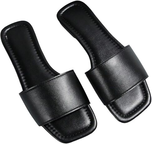 GORGLITTER Women's Flat Sandals Comfortable Dressy Square Toe Leather Slip On Slide Sandals in Saudi Arabia