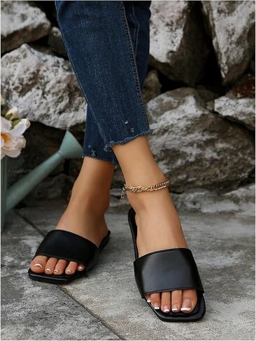 GORGLITTER Women's Flat Sandals Comfortable Dressy Square Toe Leather Slip On Slide Sandals in Saudi Arabia