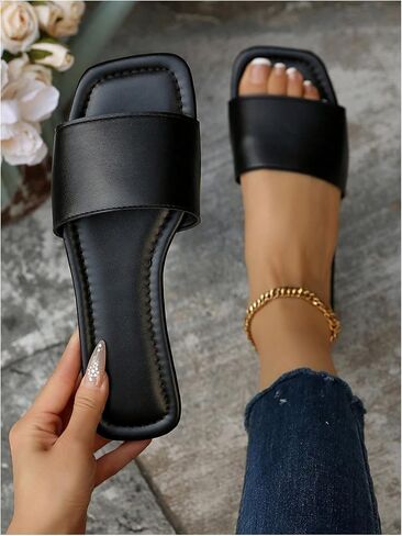 GORGLITTER Women's Flat Sandals Comfortable Dressy Square Toe Leather Slip On Slide Sandals in Saudi Arabia