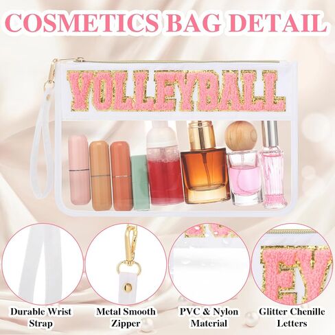 2 Pcs Pink Volleyball Cosmetic Bag Gifts Sport Cheer Makeup Bags Clear PVC Waterproof Toiletry Zipper Travel Pouch for Women Girls Soccer Softball Volleyball Tennis Lovers Players Team in Saudi Arabia