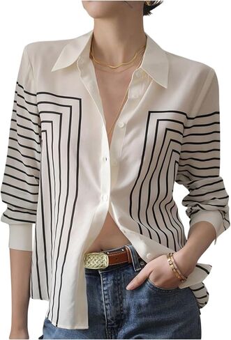 SweatyRocks Women's Striped Button Down Shirt Long Sleeve Blouses Business Casual Outfits in Saudi Arabia