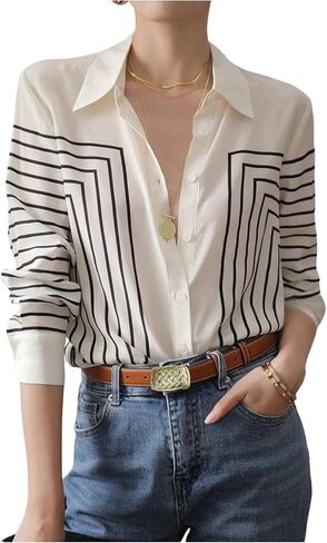 SweatyRocks Women's Striped Button Down Shirt Long Sleeve Blouses Business Casual Outfits in Saudi Arabia