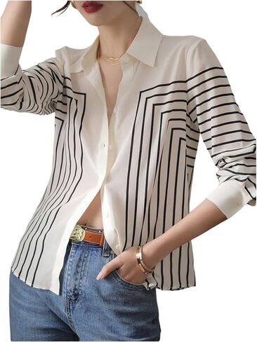 SweatyRocks Women's Striped Button Down Shirt Long Sleeve Blouses Business Casual Outfits in Saudi Arabia