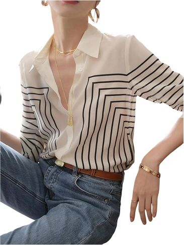 SweatyRocks Women's Striped Button Down Shirt Long Sleeve Blouses Business Casual Outfits in Saudi Arabia
