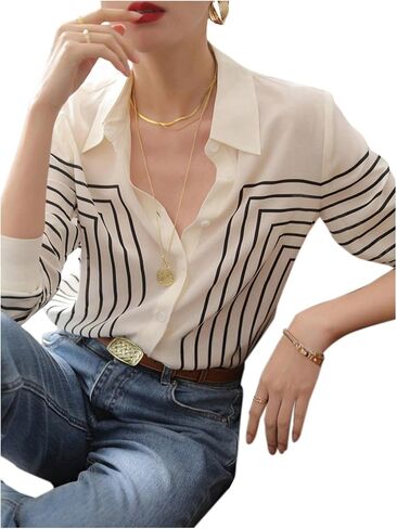 SweatyRocks Women's Striped Button Down Shirt Long Sleeve Blouses Business Casual Outfits in Saudi Arabia