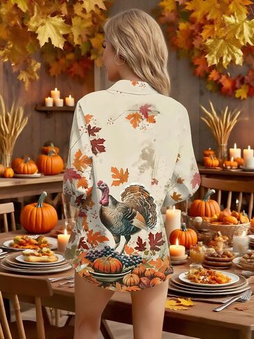 قمصان عيد الشكر للنساء من Gobble تركيا بأزرار سفلية، بلوزات برسومات اليقطين، بأكمام طويلة، قميص للعطلات والخريف in Kuwait