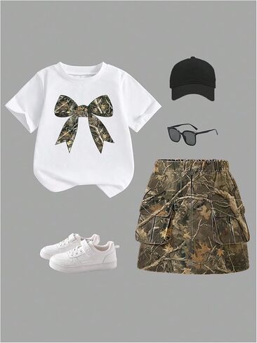 طقم ملابس WDIRARA للفتيات مكون من قطعتين تي شيرت بأكمام قصيرة وطبعة جرافيك وتنورة كارجو بطبعة مموهة in Kuwait