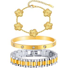 سوار البرسيم المطلي بالذهب 18 قيراط للنساء، مجموعة مجوهرات أساور ذهبية قابلة للتكديس، سوار من الفولاذ المقاوم للصدأ كريستال الحب الصداقة أساور الإسورة، سوار معصم سلسلة مع أداة ضبط. in Kuwait