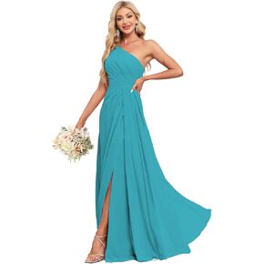 One Shoulder Bridesmaid Dress for Wedding Long Ruched Chiffon A Line Formal Evening Dress with Slit in Saudi Arabia