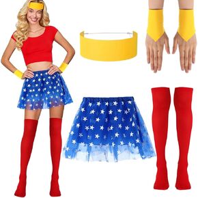 4 Pcs Halloween Red Blue Gold Women Costume Set Gold Costume Cosplay Accessory Set Star Short Skirt Yellow Wristband Headband Accessories for Women Halloween Party Supplies in Saudi Arabia